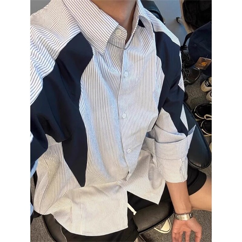 解构拼接条纹长袖衬衫高级感痞帅衬衣休闲外套CS2222特P44,男装衬衫,星座908-1