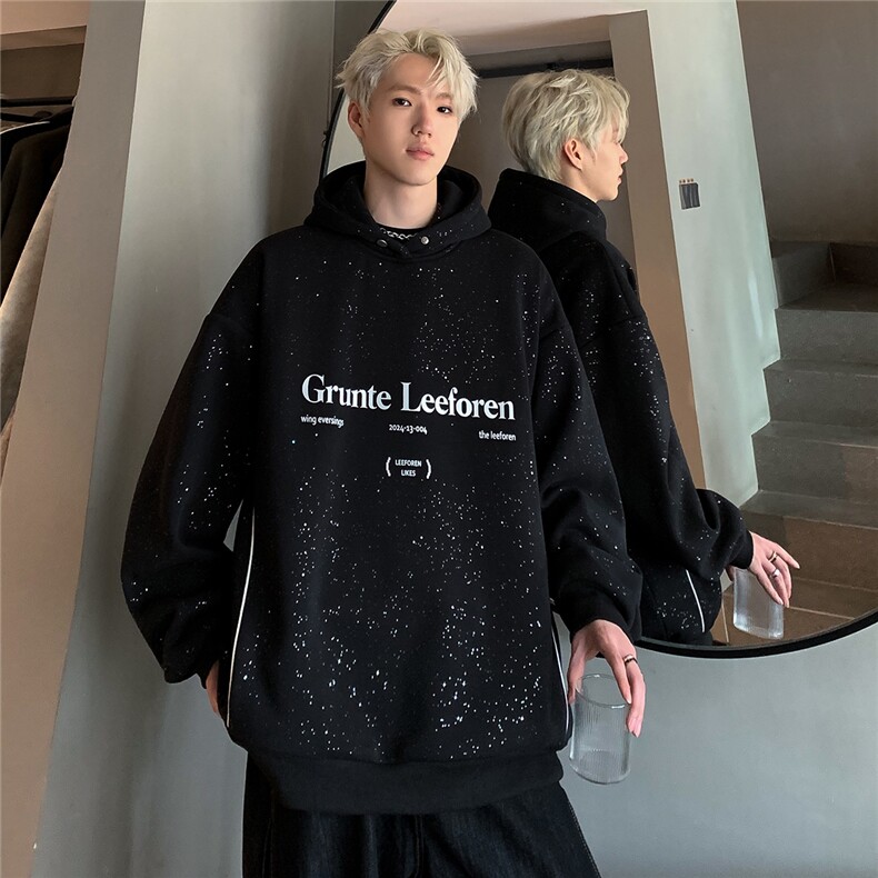 秋季美式复古满天星连帽卫衣男女宽松上衣金属印花W84-P68,男装卫衣,电商C307A