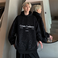 秋季美式复古满天星连帽卫衣男女宽松上衣金属印花W84-P68，男装卫衣，电商C307A