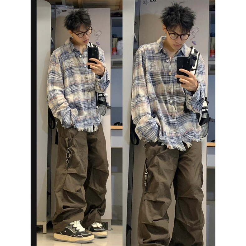 美式复古格子衬衫女长袖开衫cleanfit外套宽松情侣上衣潮B320-P55图片