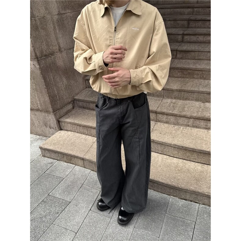 美式复古高街纯色秋季弯刀牛仔裤男女宽松休闲直筒阔腿裤,男装牛仔裤,星座1210-1