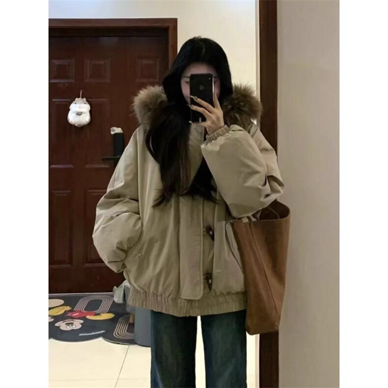毛领牛角扣羽绒服女2025新款美式复古保暖棉衣外套加厚工装派克服,男装羽绒服,星座506A