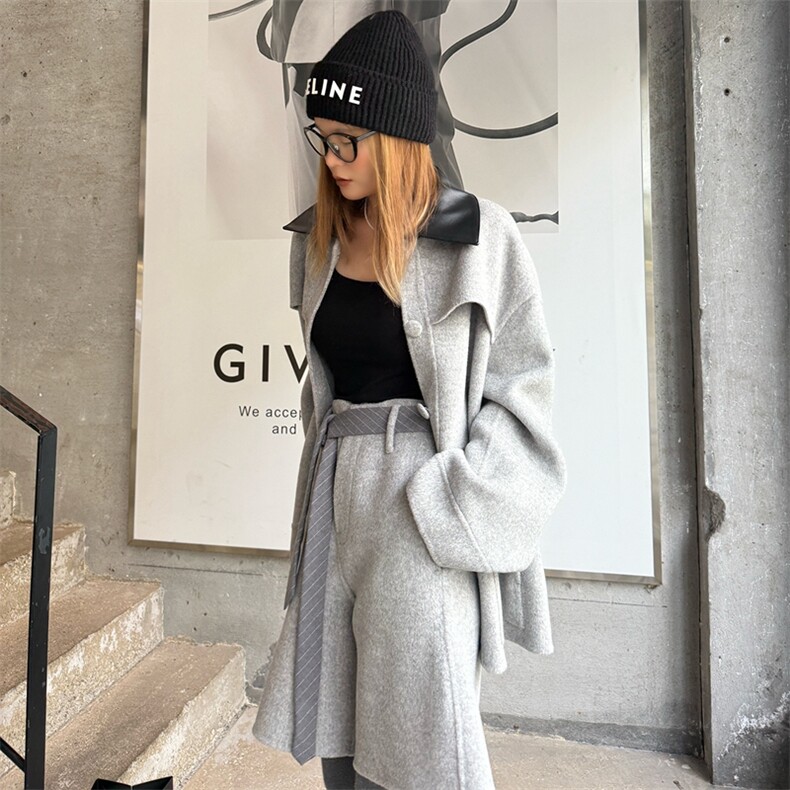 时髦气质羊毛宽松毛呢外套短裤套装女2025秋冬小个子双面羊绒大衣,女装休闲裤,蒙绒特