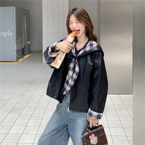 复古拼接连帽皮衣外套女2026新款机车服夹克2C227/3309/P165K238图片