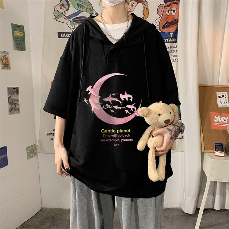 LD54209-P45连帽短袖t恤男大码胖子带帽五分袖中袖海报风,男装T恤,电商A040