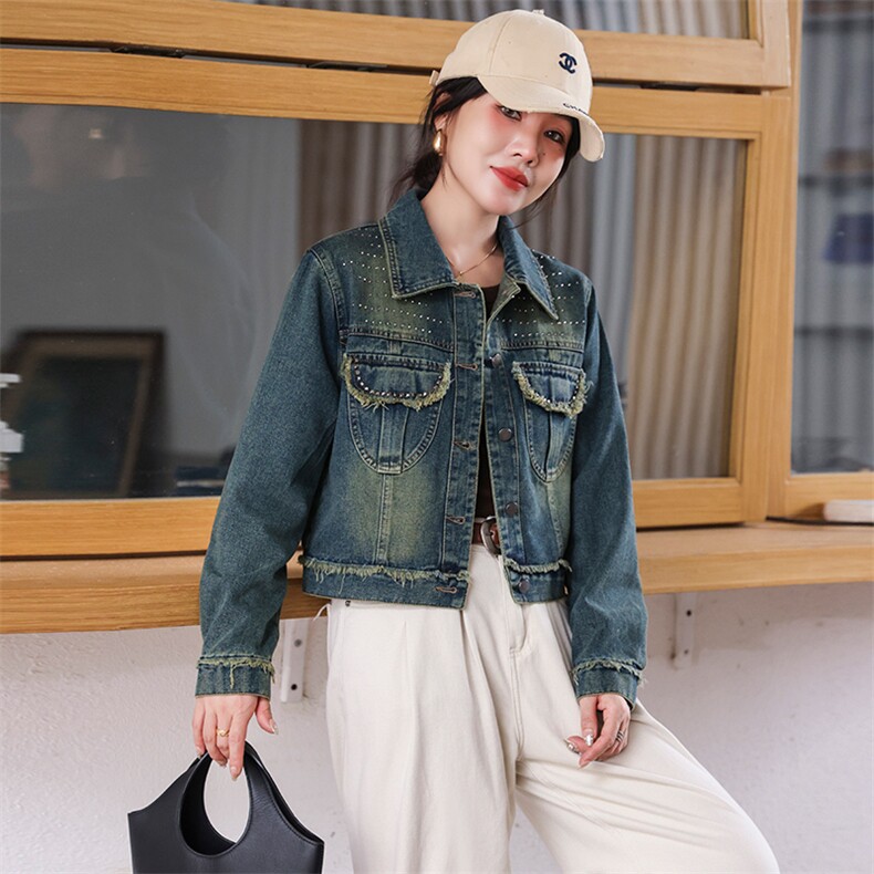 港风牛仔短外套女铆钉流苏毛边短款上衣2024秋季新款小个子夹克潮，女装牛仔外套，江南女神