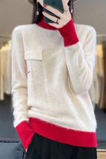 新款秋冬半高领拼接撞色套头羊毛衫宽松大码短款长袖打底针织衫，女装羊毛衫，蒙特羊绒