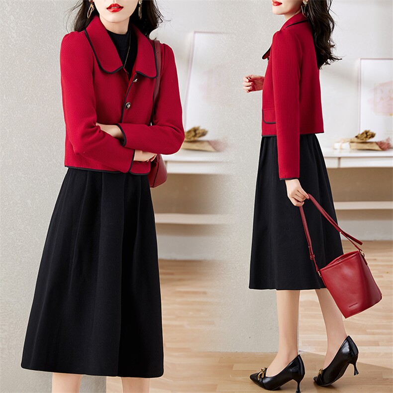 红色小香风毛呢套装裙女2025春秋新款高级感气质外套半身裙两件套，女装套装/套裙，欣贝拉