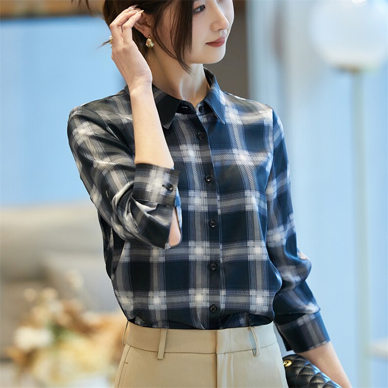 2025年夏季修身型七分袖百搭POLO领有内涵得缎面有丝衬衫,女装衬衫,帝知娇羊绒