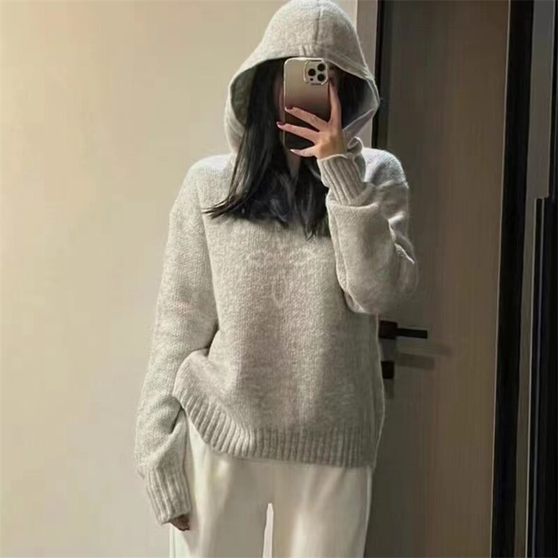 2024年秋季连帽纯色套头长袖时尚气质简约百搭针织衫，女装羊毛衫，百纯羊绒