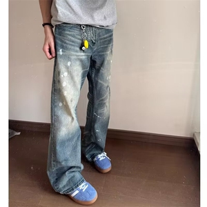美式泼墨高街牛仔裤男复古水洗做旧休闲裤宽松长裤子L91511-P49图片