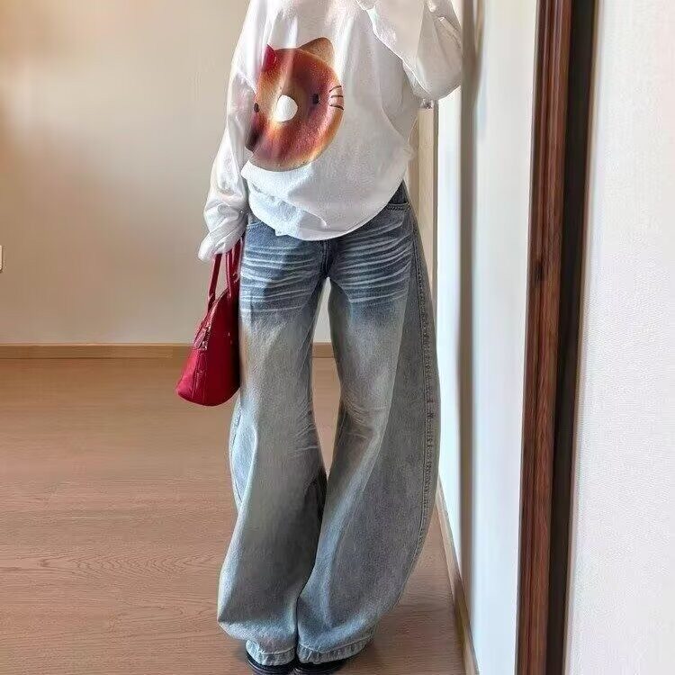 美式复古直筒牛仔裤春季绣花垂感休闲阔腿拖地裤子NZ6643图片