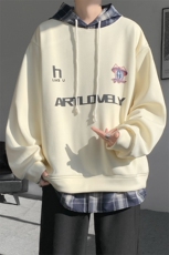 现货WY10099-特批42撞色拼接格子假两件连帽印花卫衣，男装卫衣，电商A059