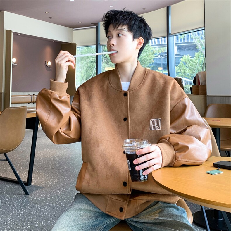 ！2023新款男士加厚鹿皮绒拼皮夹克棒球服外套JK191P85控138图片