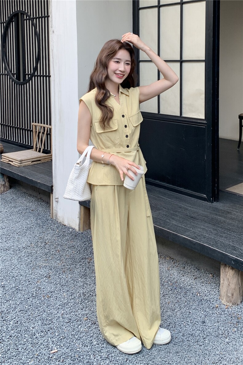 藏青色无袖V领马甲阔腿裤套装2025新款女夏韩版穿搭气质一整套潮,女装套装/套裙,2C212