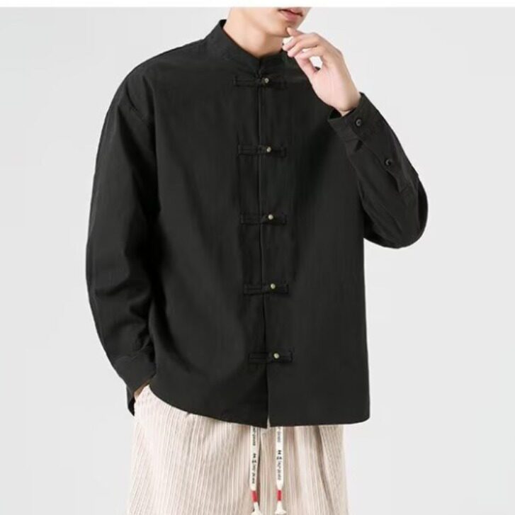 中式复古工装白衬衫禅意茶服男秋季长袖衬衣居士汉服J6911-P55图片