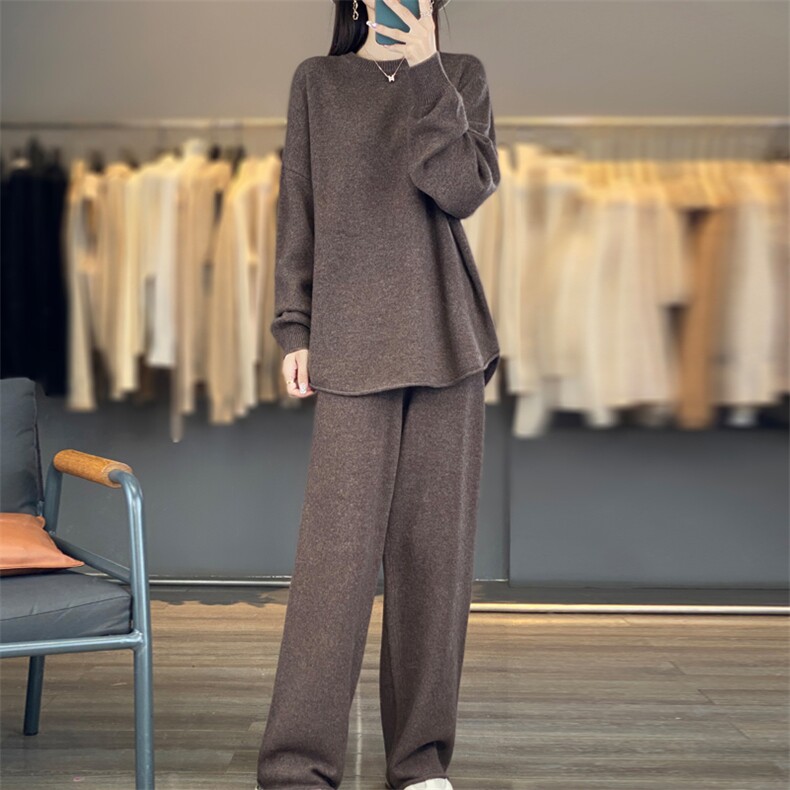 圆领宽松慵懒风100%纯羊毛两件套女秋冬长袖毛衣阔腿裤羊绒衫套装,女装套装/套裙,东远绒业