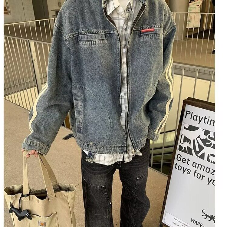 秋季新款水洗做旧牛仔外套男女中性vintage立领夹克潮流百搭上衣,男装工装外套,星座1210-1