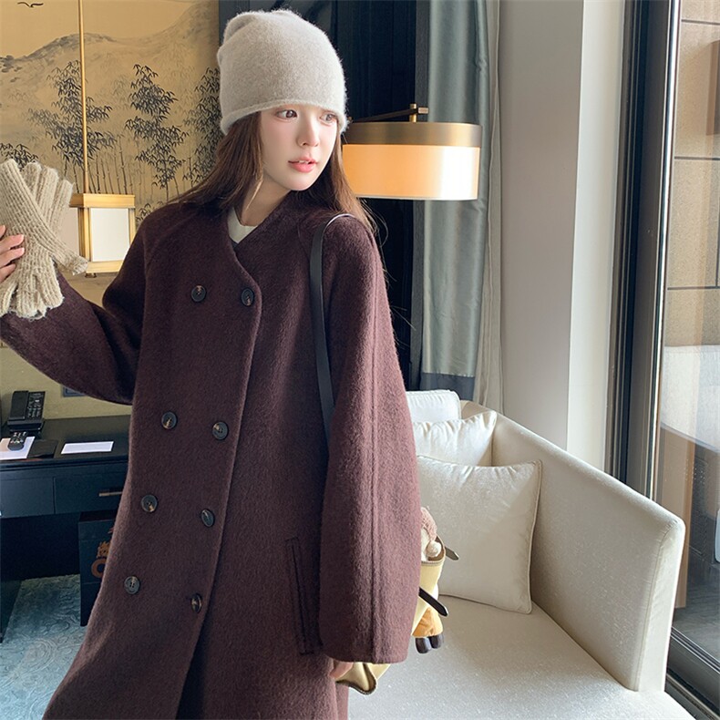 高级小众美拉德风棕色双排扣毛呢外套女冬2025超火好看中长款大衣,女装毛呢外套,2C333