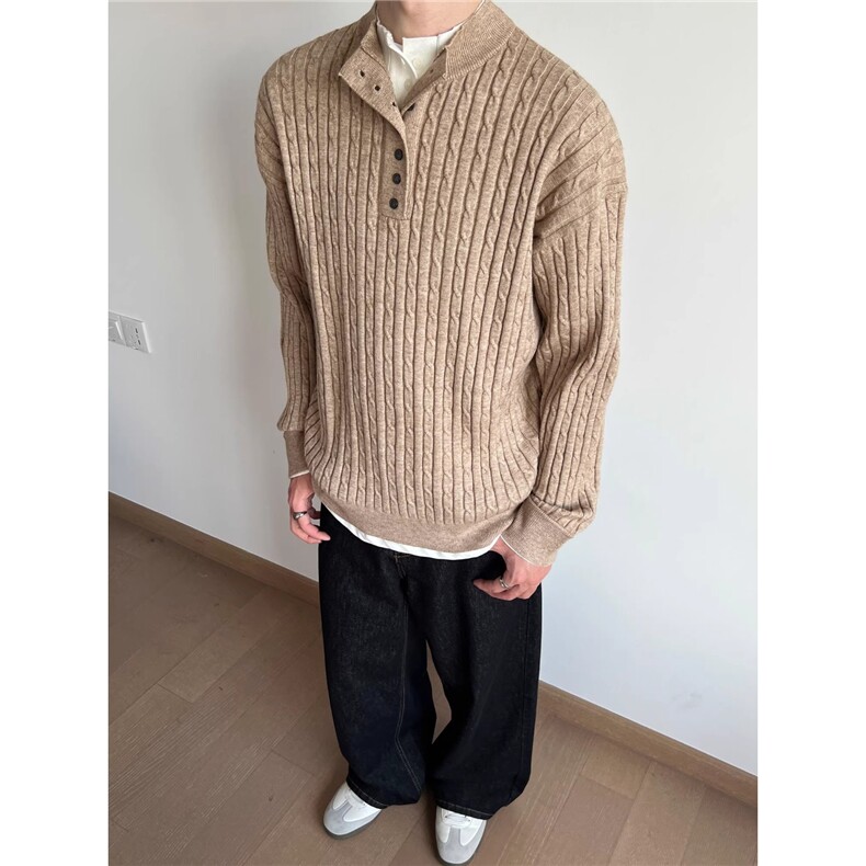 秋季新款竖条纹毛衣男日系高级感宽松休闲长袖衬衣潮SW5342,男装针织衫/毛衣,星座516A