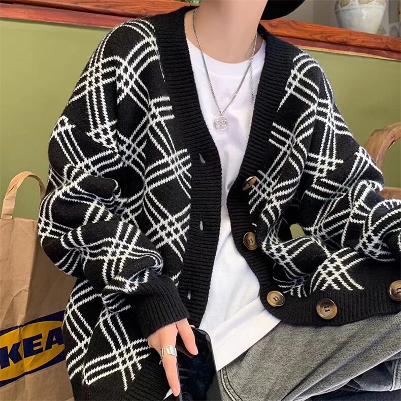 美式复古格纹开衫毛衣男秋季潮牌日系慵懒风宽松情侣款针织衫上衣,男装针织衫/毛衣,星座1116-2