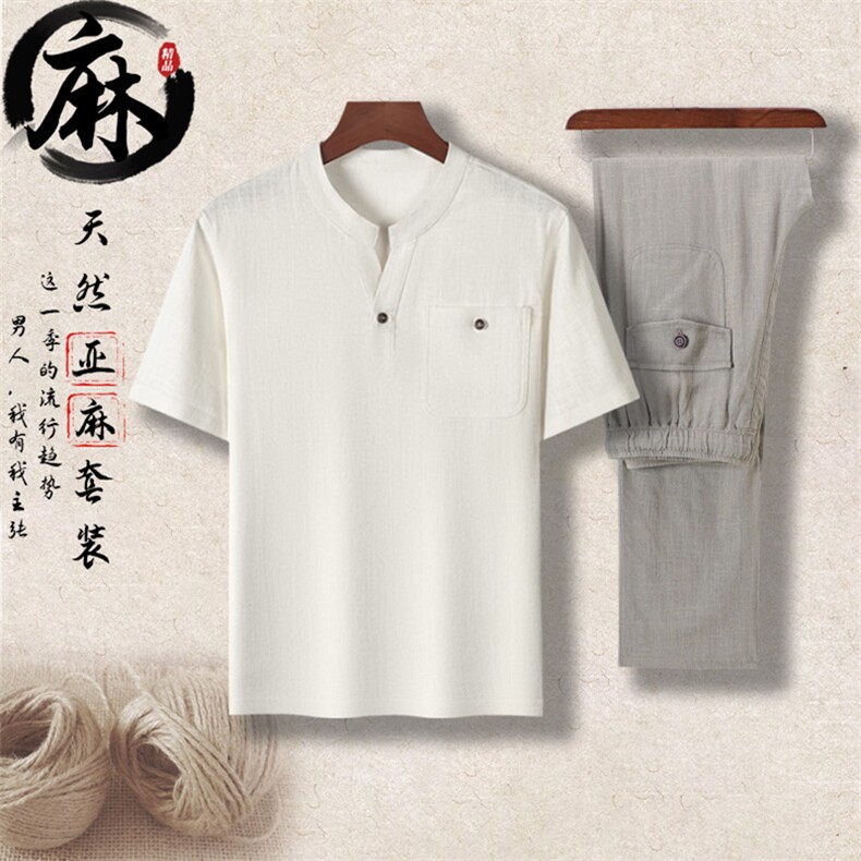 长年现货夏男中老年风亚麻套装中年短袖T恤套装棉麻长裤，男装中老年男装，钱塘723