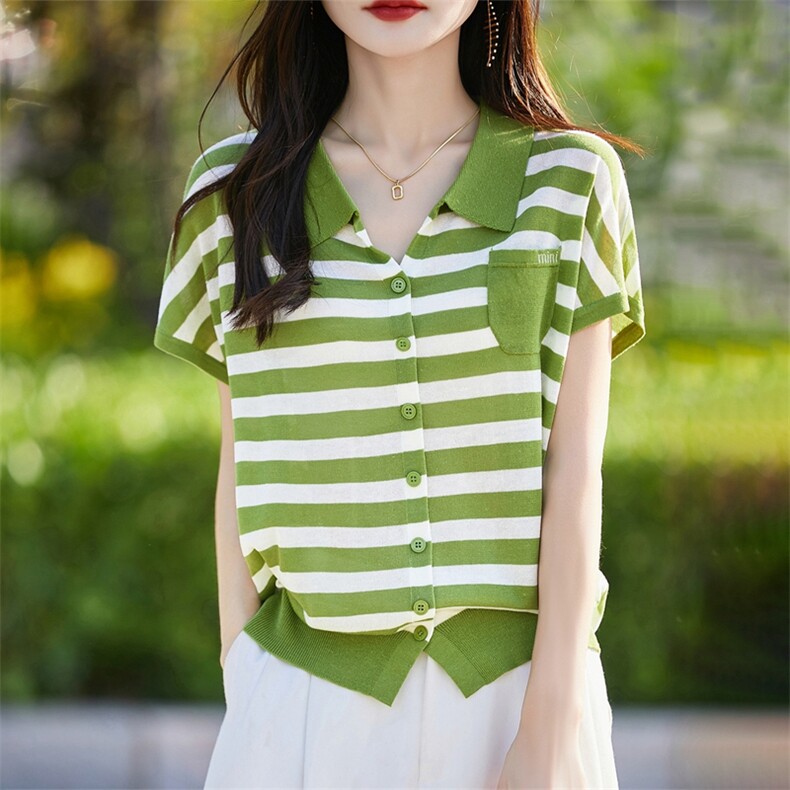 POLO领短袖T女开衫条纹撞色天丝亚麻针织衫宽松新款时尚飞袖上衣,针织衫/毛衣,暖烁羊绒