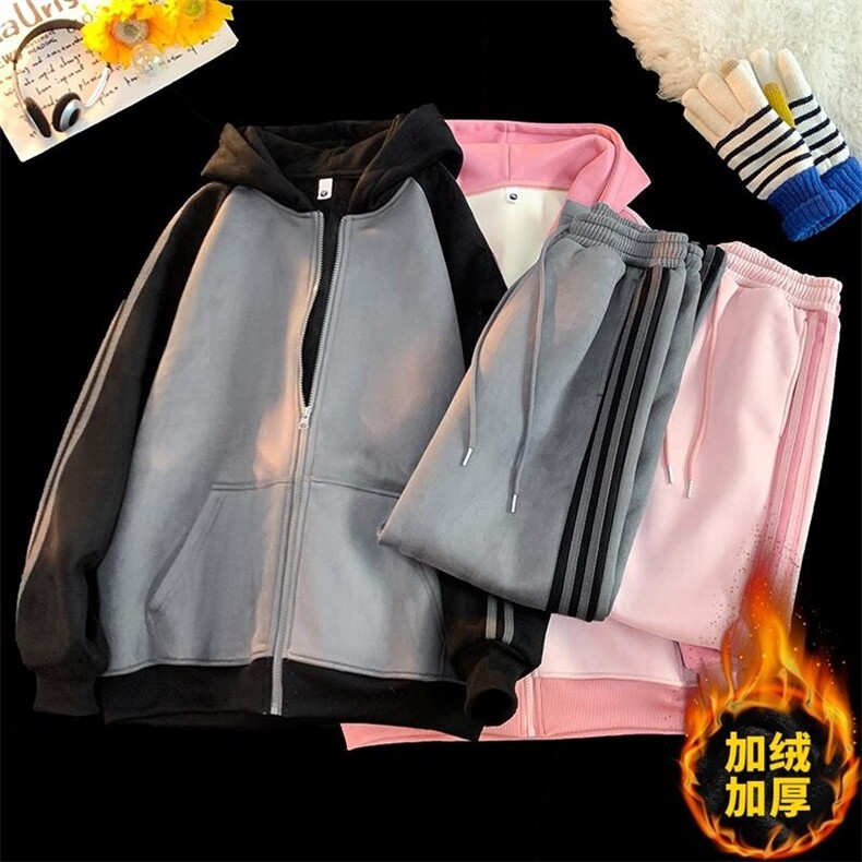 TZ991-特P105潮牌情侣卫衣男冬加绒加厚条纹连帽衫女宽松卫裤,男装卫衣,电商D310B