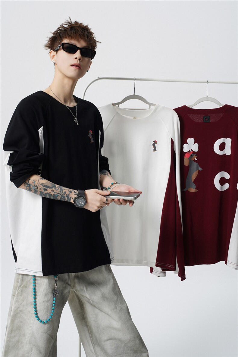 6XL-M美式潮牌印花长袖t恤男拼接撞色卫衣男上衣服CX3009-特P48,男装T恤,电商D206-1