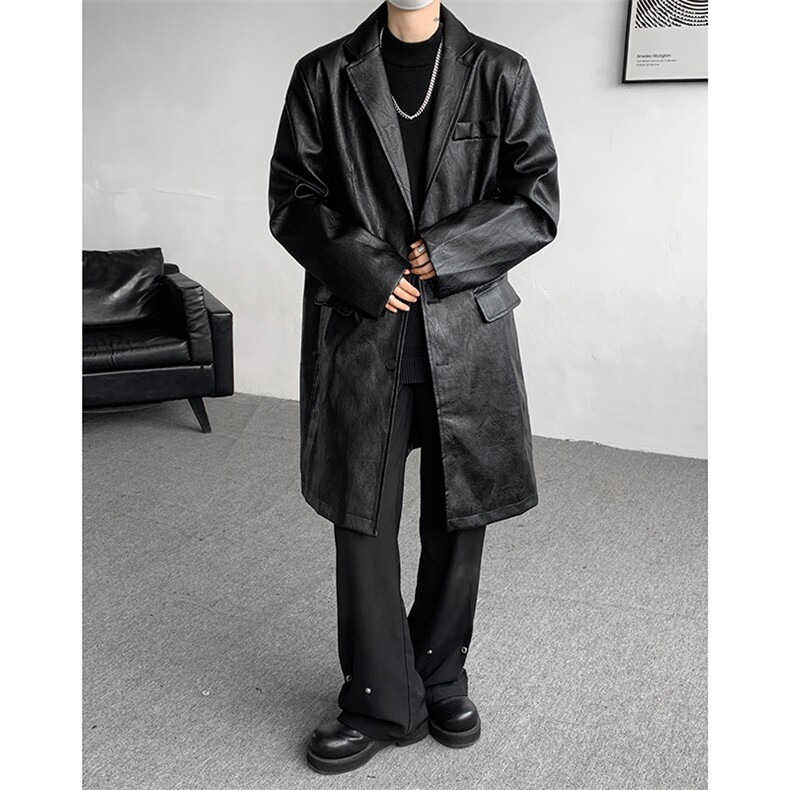 8XL-M美式皮衣复古宽松暗黑中长款PU西装皮风衣男PY859P138控158,男装皮衣,电商D206-1
