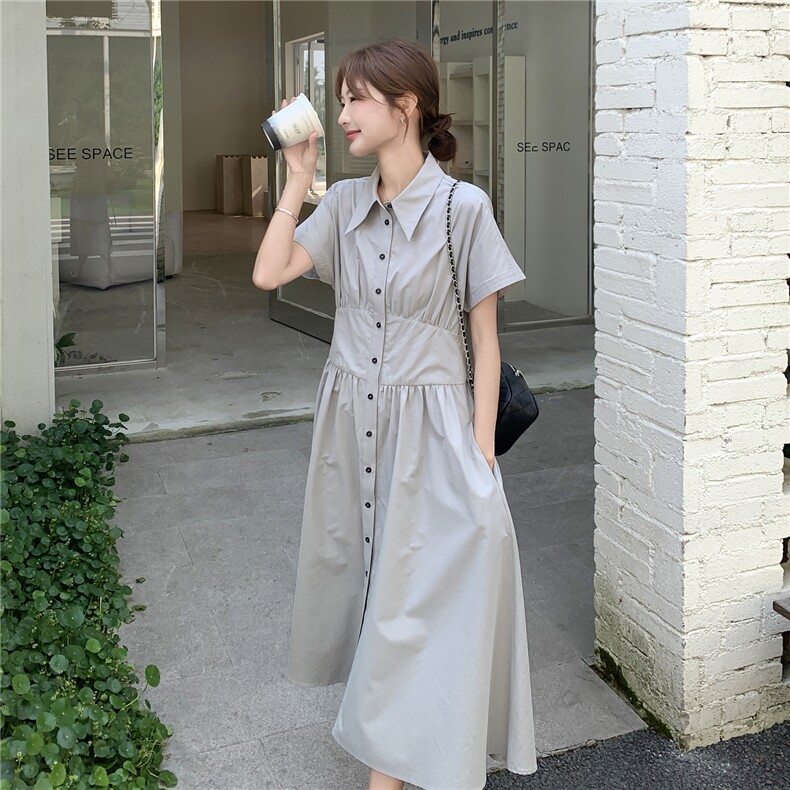 时髦简约气质淡人翻领连衣裙女2025夏季松弛显瘦泡泡袖高腰衬衫裙,女装连衣裙,2D145