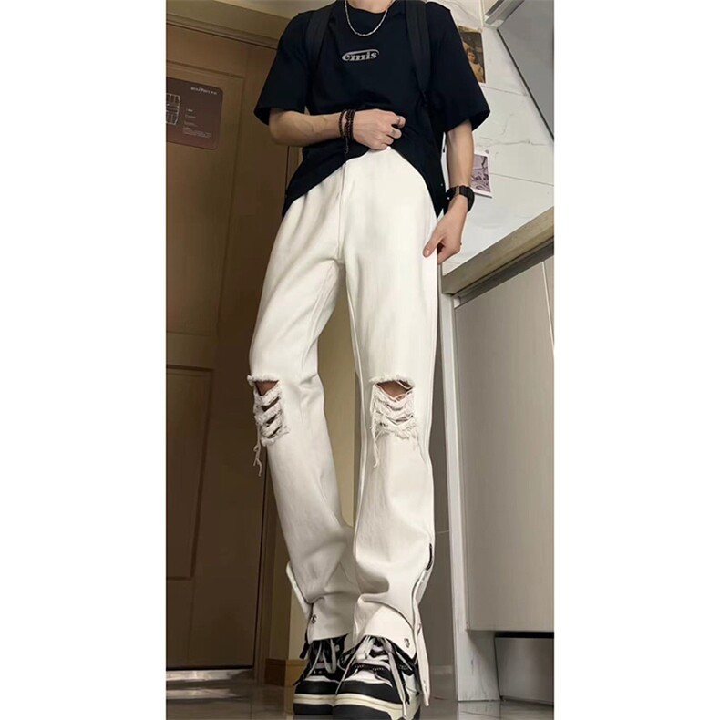 美式高街ins小众拉链hiphop排扣破洞休闲牛仔裤货号K642P60控78,男装牛仔裤,电商A063