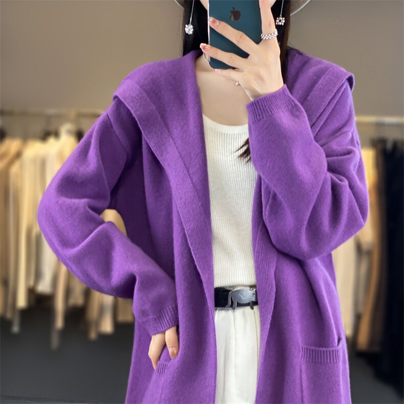中长款100%羊毛连帽开衫女带兜长袖针织外套毛衣宽松羊绒外搭大衣图片