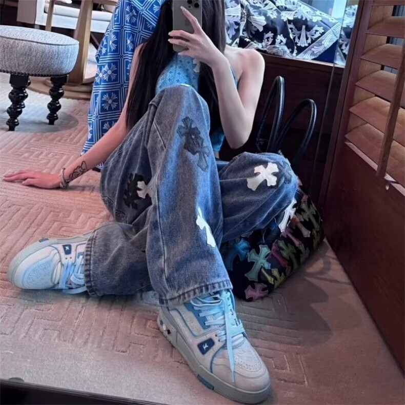新款潮十字架梵文贴皮水洗牛仔裤男女宽松高街直筒长裤AMS31P68,男装皮裤,星座1013-5