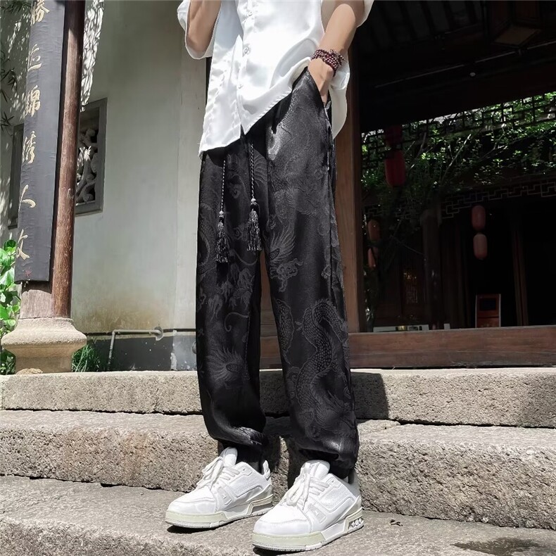 提花冰丝裤男束脚休闲裤中式竹纹刺绣束脚裤提花布包边冰丝K9539,男装休闲裤,星座1116A-1（原606A）