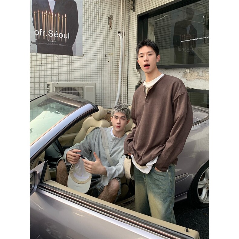 P10-P51秋冬美式复古假两件半开衫设计感长袖t恤男女针织,男装T恤,电商B323A