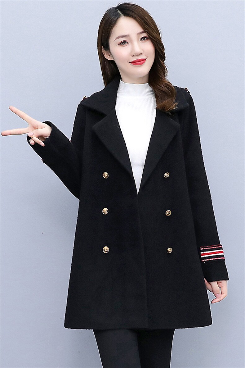 双面绒大衣女双排扣宽松休闲2021年新款中长款外套,女装毛呢外套,香水丽阁