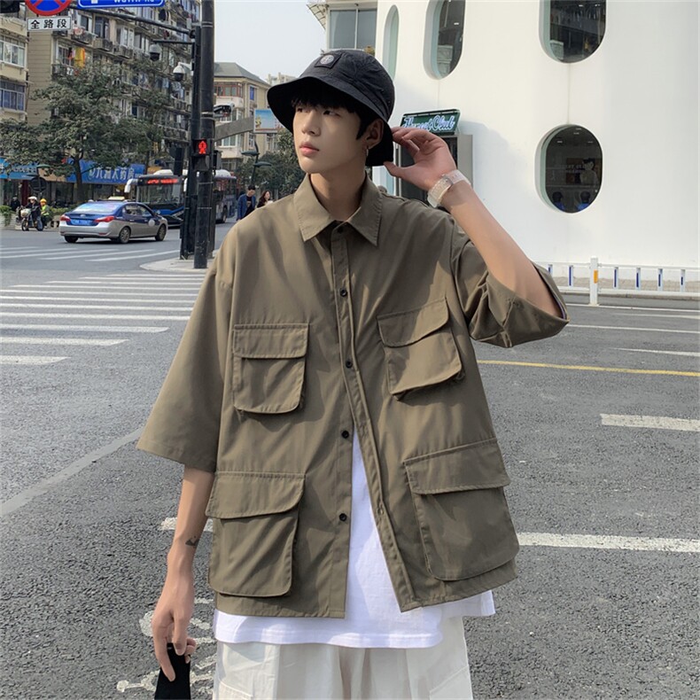 2025夏装多口袋工装短袖衬衫男宽松休闲衬衣C300P40,男装T恤,电商C323