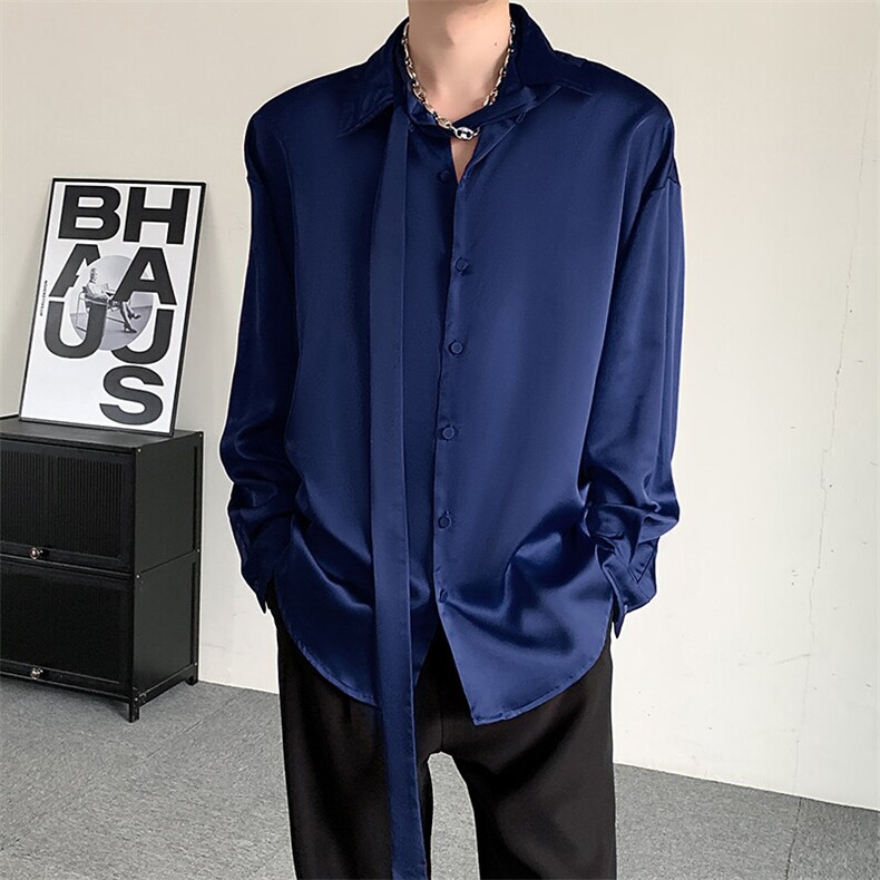 春装2025小众酒红男女缎面高级感休闲宽松醋酸宽松禁欲长袖衬衫,男装衬衫,星座909