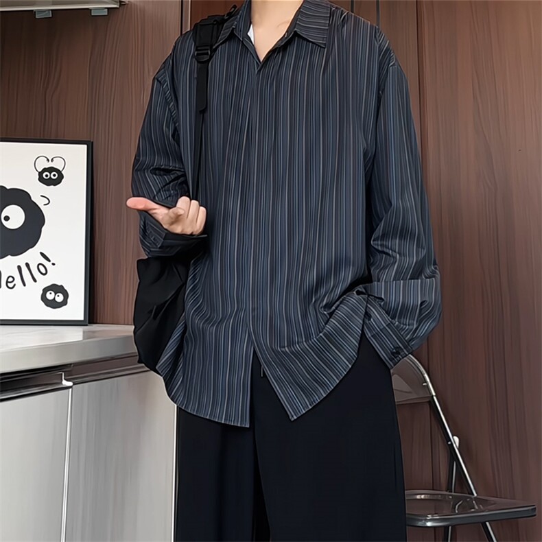 C235/P40秋季新款老钱风条纹衬衫男暗门襟设计感长袖男士衬衣,男装衬衫,电商基地A050