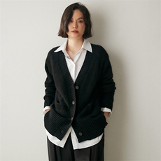 重磅加厚插兜大V领山羊绒开衫女秋冬款中长款毛衣宽松慵懒风外套，女装羊绒衫，绒创羊绒
