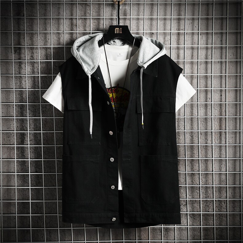MJ213-p58-网格牛仔大码连帽砖墙马甲男工装ins无袖坎肩外穿，男装工装外套，星座103A