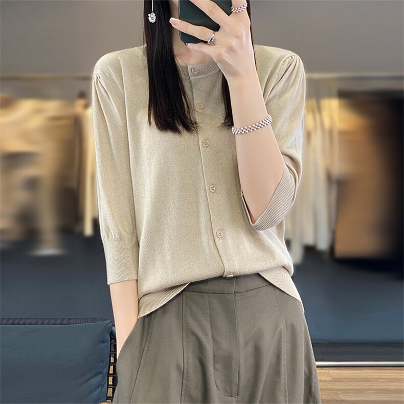 春秋新款圆领五分袖针织开衫女精纺羊毛短袖外套毛衣宽松半袖打底,女装羊毛衫,总能电商供货