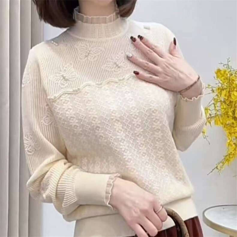 2025年春季新款蝴蝶刺绣拼接针织打底衫洋气女装时尚,针织衫/毛衣,萱芳婷羊绒
