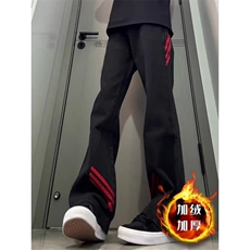 斜杠三条纹红黑撞色拼接休闲长裤加绒加厚直筒牛仔裤K8003P48网图，男装牛仔裤，电商B245