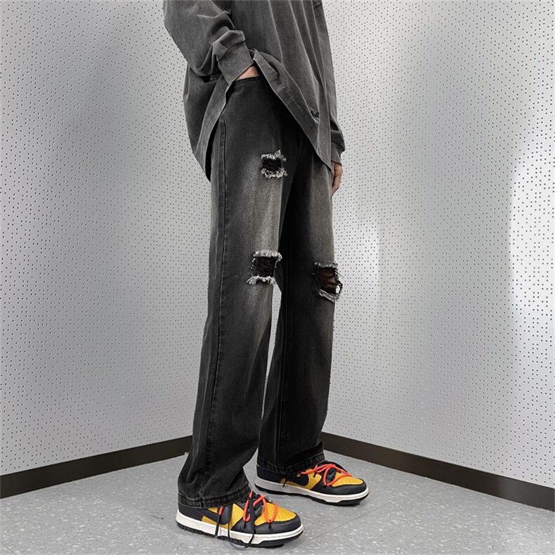 牛仔裤炸街风破洞补丁男裤灰色复古水洗做旧B225-K2389-P63-X78,男装牛仔裤,电商B225