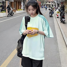 抖音得物品质二开240克宽松纯棉美式潮牌印花三条杠中性风短袖T恤，男装T恤，电商A486-1