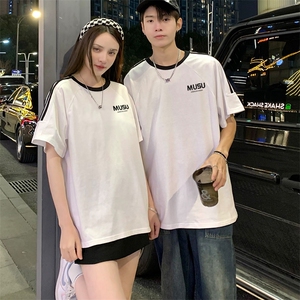 200克宽松圆领三条杠短袖T恤棉情侣团队服班服定制潮男女V4图片