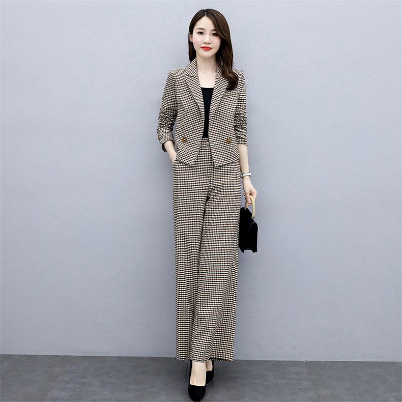 轻奢女装2025春夏设计感小众时尚格子短外套阔腿裤西装套装两件套,女装套装/套裙,魅影