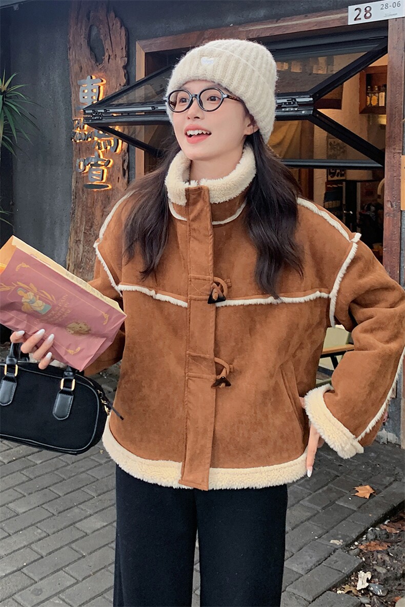 【新款现货】复古麂皮加绒外套短款牛角扣翻领99029款P195K278,女装皮草,2C316